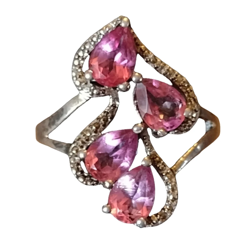 925 Sterling Silver Pink Rhodolite Ring Size 8.5 TGGC Genuine Gemstone Teardrop